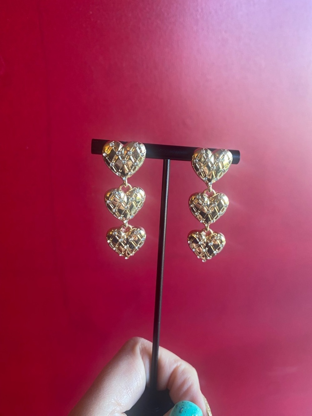 Juicy Couture Fun Gold Quilted 3 drop hearts with sparkling crystals. NWT